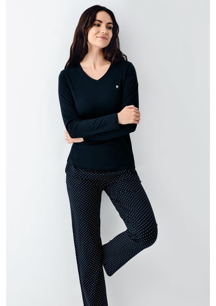 Paris Büyük Beden Modal Pamuklu Kadın Puantiyeli V Yaka Uzun Kollu Pijama Takımı