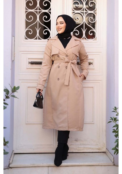 Kemerli Bej Tesettür Trençkot 62481BEJ