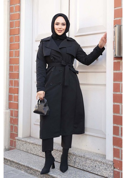 Kemerli Siyah Tesettür Trençkot 62481S