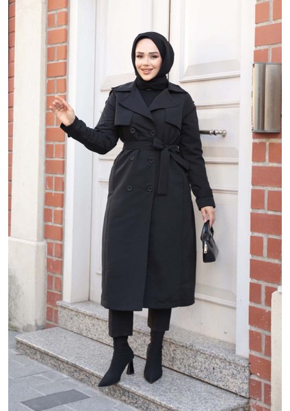 Kemerli Siyah Tesettür Trençkot 62481S fiyatları