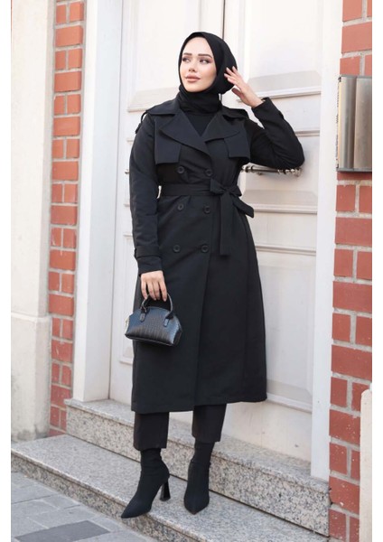 Kemerli Siyah Tesettür Trençkot 62481S modelleri