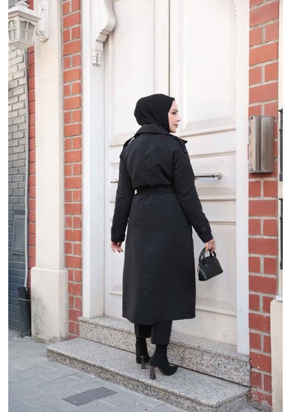 Kemerli Siyah Tesettür Trençkot 62481S fırsatları