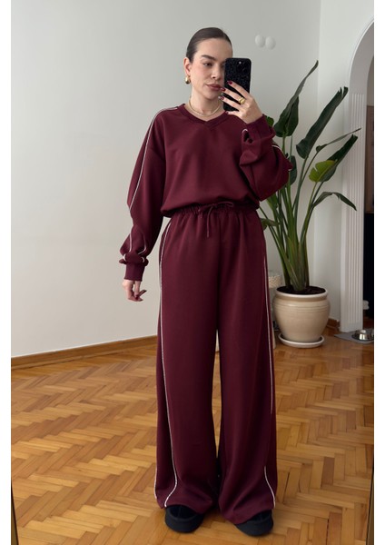 V Yaka Biye Detay Modal Takım- Bordo