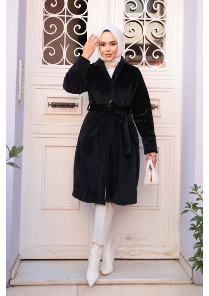 Kemerli Siyah Tesettür Süet Kap 62451S