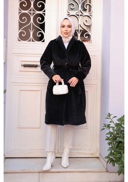 Kemerli Siyah Tesettür Süet Kap 62451S modelleri