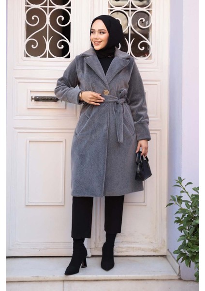 Kemerli Gri Tesettür Süet Kap 62451GR