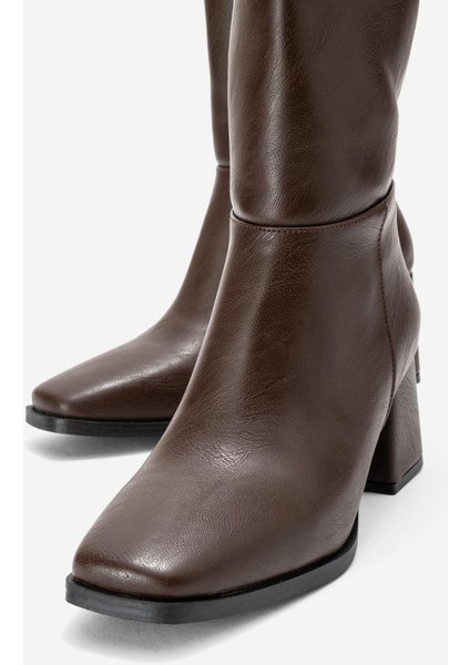 Sade Küt Burunlu Topuklu Kadın Çizme KAHVE CİLT modelleri