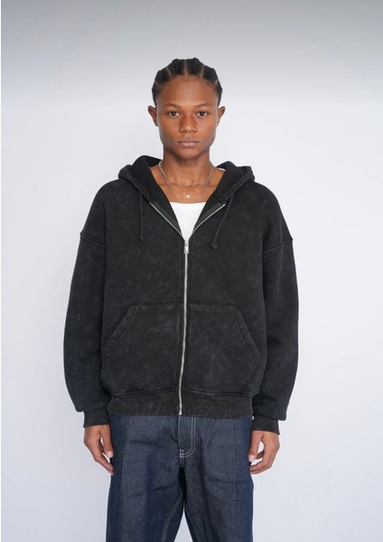 Düz Yıkamalı Kapşonlu Hırka