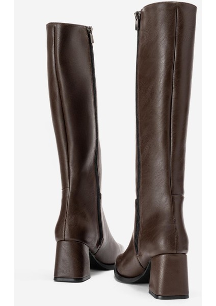 Sade Küt Burunlu Topuklu Kadın Çizme KAHVE CİLT fırsatları
