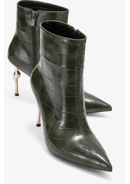 Crısta Yeşil Baskı Sivri Burunlu Kadın Topuklu Bot