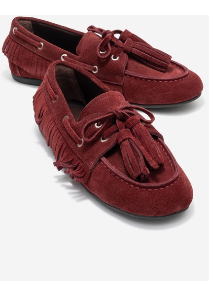 Fenora Bordo Süet Hakiki Deri Saçaklı Püsküllü Kadın Loafer Ayakkabı