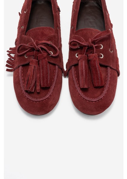 Fenora Bordo Süet Hakiki Deri Saçaklı Püsküllü Kadın Loafer Ayakkabı fiyatları