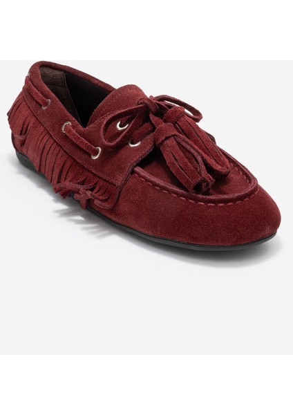 Fenora Bordo Süet Hakiki Deri Saçaklı Püsküllü Kadın Loafer Ayakkabı modelleri