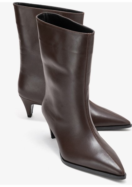 Aleo Kahverengi Cilt Hakiki Deri Sivri Burunlu Kadın Kısa Topuklu Bot