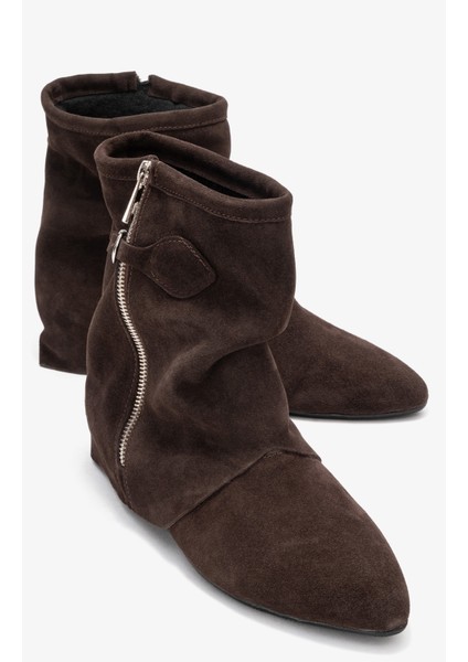 Noar Kahverengi Süet Hakiki Deri Büzgülü Fermuarlı Kadın Bot