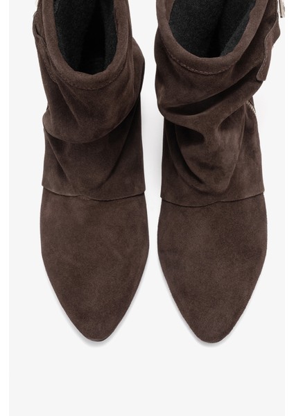 Noar Kahverengi Süet Hakiki Deri Büzgülü Fermuarlı Kadın Bot fiyatları