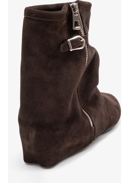 Noar Kahverengi Süet Hakiki Deri Büzgülü Fermuarlı Kadın Bot indirimleri