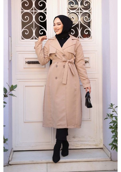 Kemerli Bej Tesettür Trençkot 62481BEJ fiyatları