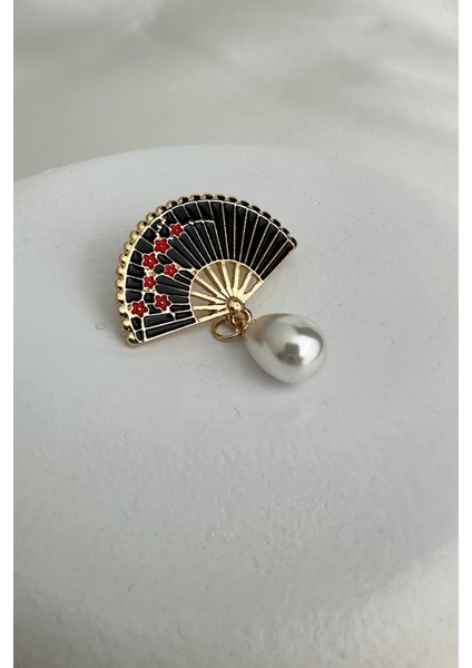 Altın Rengi Oval Inci Sallantılı Siyah Mineli Yelpaze Broş (3cm)