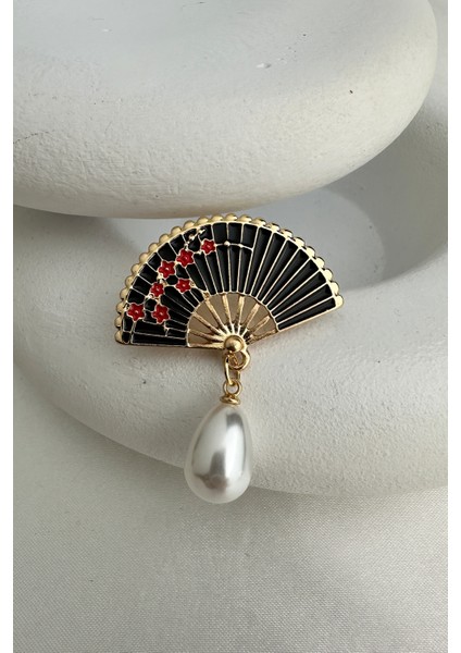 Altın Rengi Oval Inci Sallantılı Siyah Mineli Yelpaze Broş (3cm) modelleri