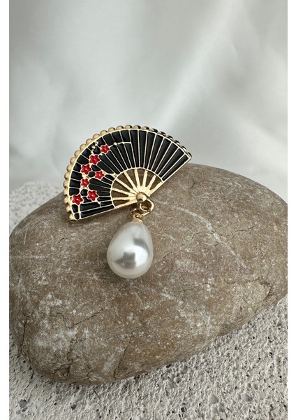 Altın Rengi Oval Inci Sallantılı Siyah Mineli Yelpaze Broş (3cm) fırsatları