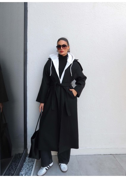 Düğme Kapüşon Kuşaklı Kaban