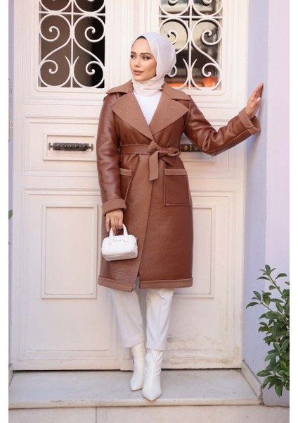 Kürk Detaylı Taba Tesettür Suni Deri Mont 62391TB