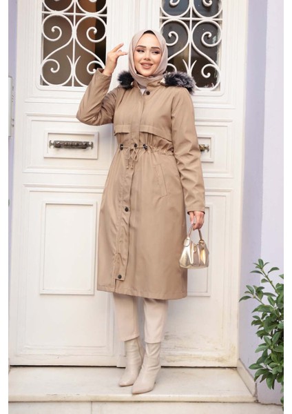 Kürklü Kapşonlu Vizon Tesettür Parka 60650V
