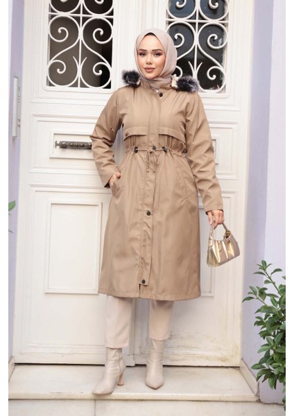 Kürklü Kapşonlu Vizon Tesettür Parka 60650V fiyatları