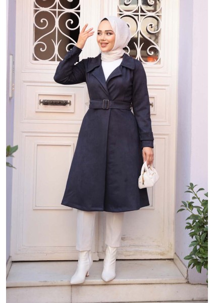 Tokalı Kemerli Lacivert Tesettür Süet Kap 62461L