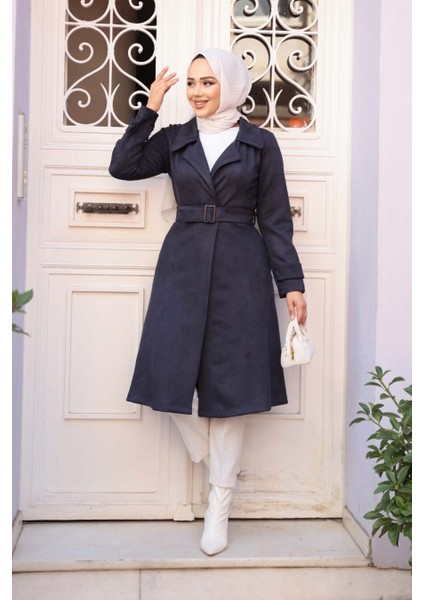 Tokalı Kemerli Lacivert Tesettür Süet Kap 62461L modelleri