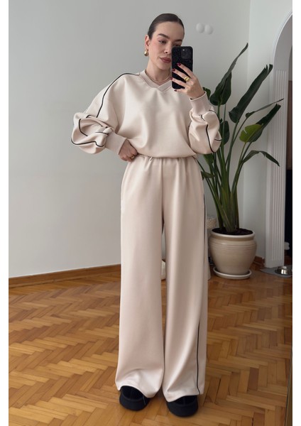 V Yaka Biye Setay Modal Takım- Bej