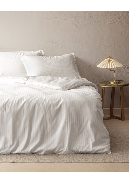 Elicia King Size %100 Pamuk Çizgili Saten Nevresim Takımı - Ekru
