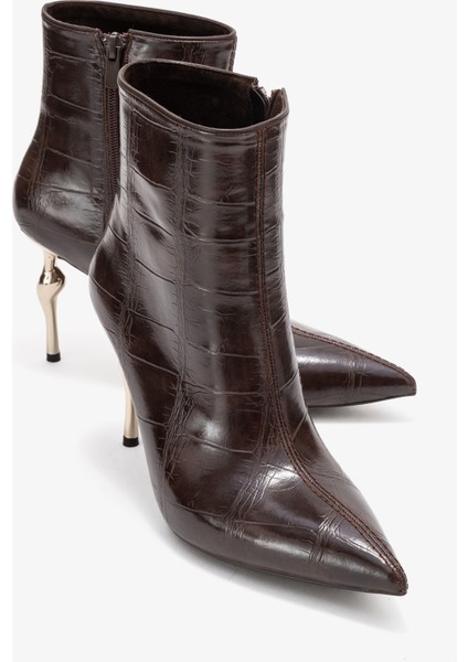 Crısta Kahverengi Baskı Sivri Burunlu Kadın Topuklu Bot