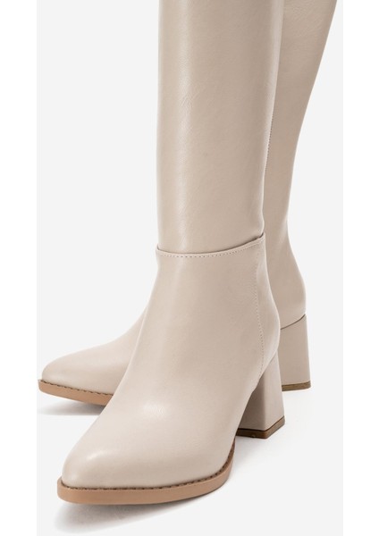 Sade Sivri Burunlu Topuklu Kadın Çizme BEJ CİLT modelleri