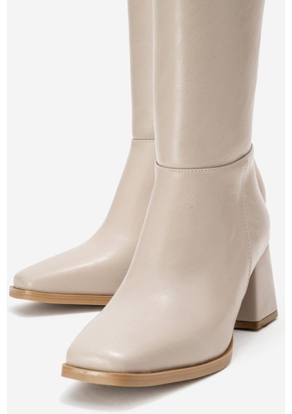 Sade Küt Burunlu Topuklu Kadın Çizme Bej Cilt fırsatları