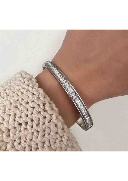 Silver Çelik Baget Taşlı Kelepçe Bileklik