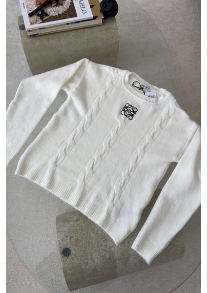 Bisiklet Yaka Orj Marka Nakışlı Kazak- Ekru