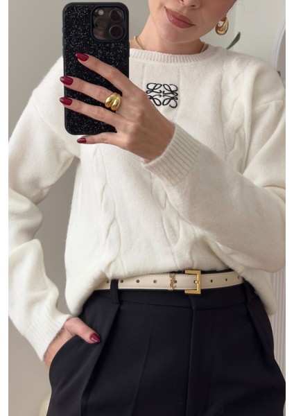 Bisiklet Yaka Orj Marka Nakışlı Kazak- Ekru indirimleri