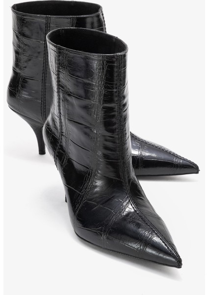 Nuvıa Siyah Baskı Sivri Burunlu Kadın Topuklu Bot