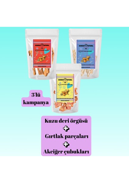 Köpek Çiğneme ve Ödül Mamaları 3'li Paket 300GR Kuzu Deri Örgüsü + Gırtlak Parçaları + Akciğer Çubukları