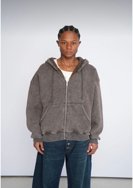 Düz Yıkamalı Kapşonlu Hırka