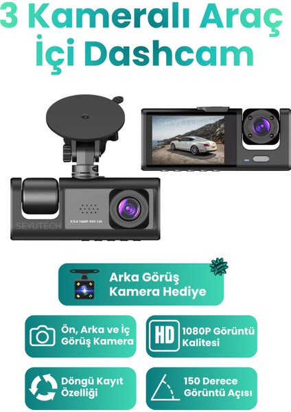 Araç Içi Hd Kamera 3 Kameralı Wifi Özellikli 1080P Full Hd Gece Görüşlü G-SENSÖR DASHCAM C309