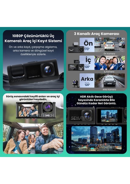 Araç Içi Hd Kamera 3 Kameralı Wifi Özellikli 1080P Full Hd Gece Görüşlü G-SENSÖR DASHCAM C309 fiyatları