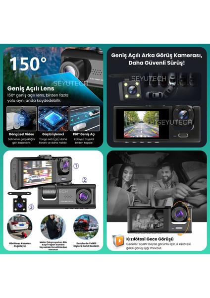 Araç Içi Hd Kamera 3 Kameralı Wifi Özellikli 1080P Full Hd Gece Görüşlü G-SENSÖR DASHCAM C309 modelleri