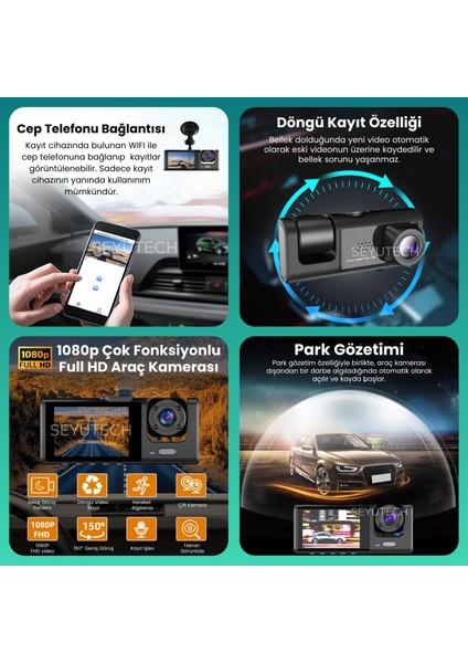 Araç Içi Hd Kamera 3 Kameralı Wifi Özellikli 1080P Full Hd Gece Görüşlü G-SENSÖR DASHCAM C309 fırsatları
