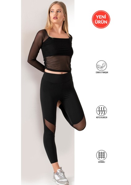 Özkan 27720 Kadın Siyah Interlok Kumaş Tül Detaylı Yüksek Bel Uzun Tayt Esnek Rahat