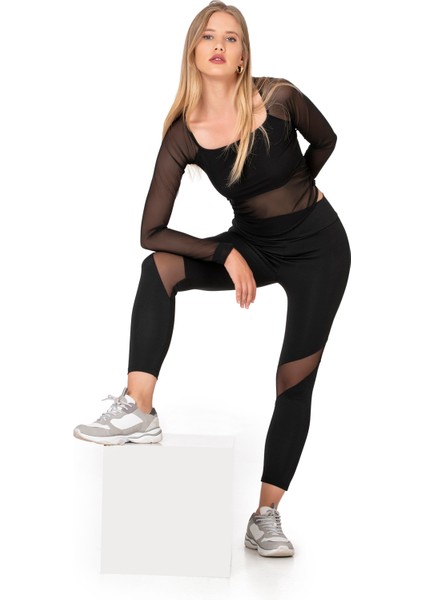 Özkan 27720 Kadın Siyah Interlok Kumaş Tül Detaylı Yüksek Bel Uzun Tayt Esnek Rahat fiyatları