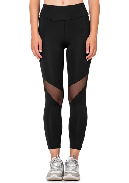 Özkan 27720 Kadın Siyah Interlok Kumaş Tül Detaylı Yüksek Bel Uzun Tayt Esnek Rahat modelleri