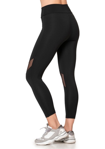 Özkan 27720 Kadın Siyah Interlok Kumaş Tül Detaylı Yüksek Bel Uzun Tayt Esnek Rahat fırsatları